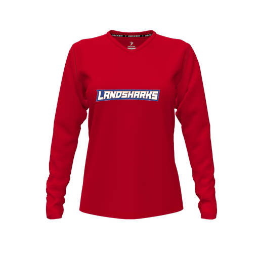 [CUS-DFW-TEES-CMF-VNK-LSL-RED-FYXS-LOGO2] Decker Comfort T-Shirt (Female Youth XS, Red, V Neck, Logo 2, Long Sleeve)