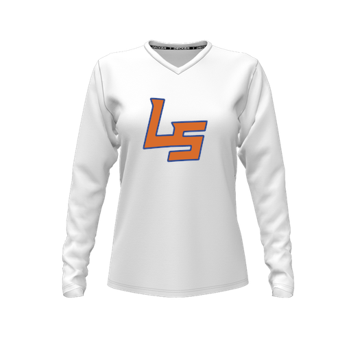 [CUS-DFW-TEES-PER-VNK-LSL-WHT-FYXS-LOGO1] Decker Performance T-Shirt (Female Youth XS, White, V Neck, Logo 1, Long Sleeve)