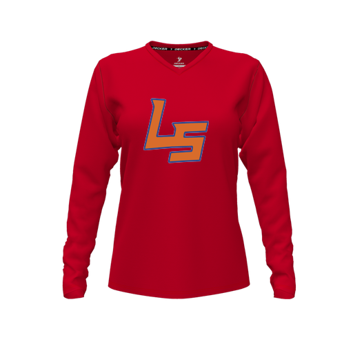 [CUS-DFW-TEES-CMF-VNK-LSL-RED-FYXS-LOGO1] Decker Comfort T-Shirt (Female Youth XS, Red, V Neck, Logo 1, Long Sleeve)