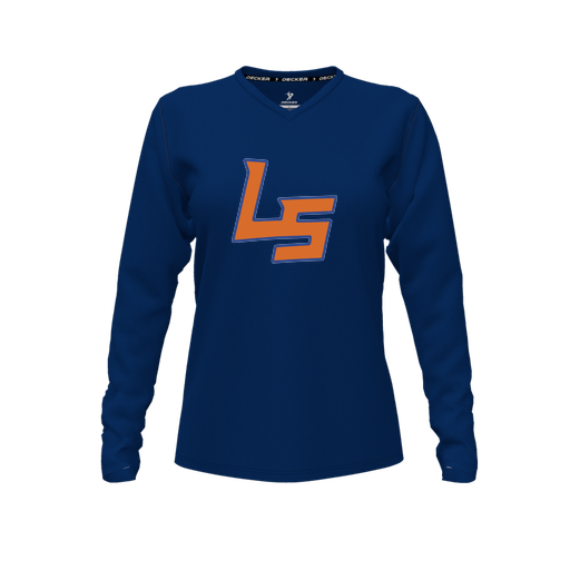 [CUS-DFW-TEES-PER-VNK-LSL-NVY-FYXS-LOGO1] Decker Performance T-Shirt (Female Youth XS, Navy, V Neck, Logo 1, Long Sleeve)