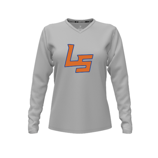 [CUS-DFW-TEES-PER-VNK-LSL-GRY-FYXS-LOGO1] Decker Performance T-Shirt (Female Youth XS, Gray, V Neck, Logo 1, Long Sleeve)