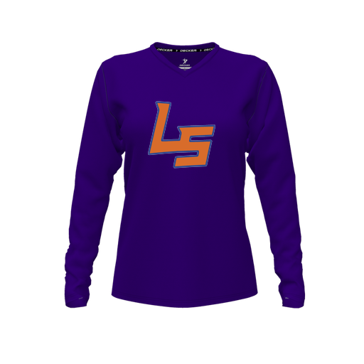 [CUS-DFW-TEES-PER-VNK-LSL-PUR-FYXS-LOGO1] Decker Performance T-Shirt (Female Youth XS, Purple, V Neck, Logo 1, Long Sleeve)
